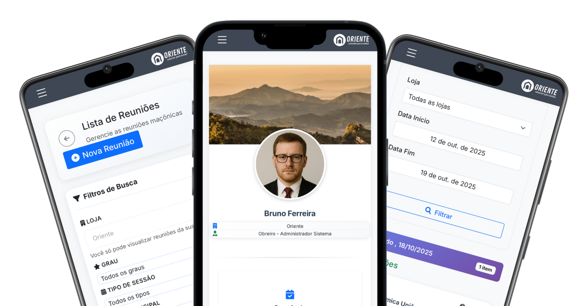 Oriente - Interface do aplicativo de gestão maçônica mostrando dashboard com módulos de obreiros, tesouraria, reuniões e biblioteca